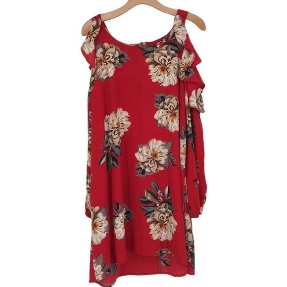 Umgee Dresses & Skirts - Umgee + Floral Shift Dress Women’s Cold Shoulder red floral long sleeve size XL